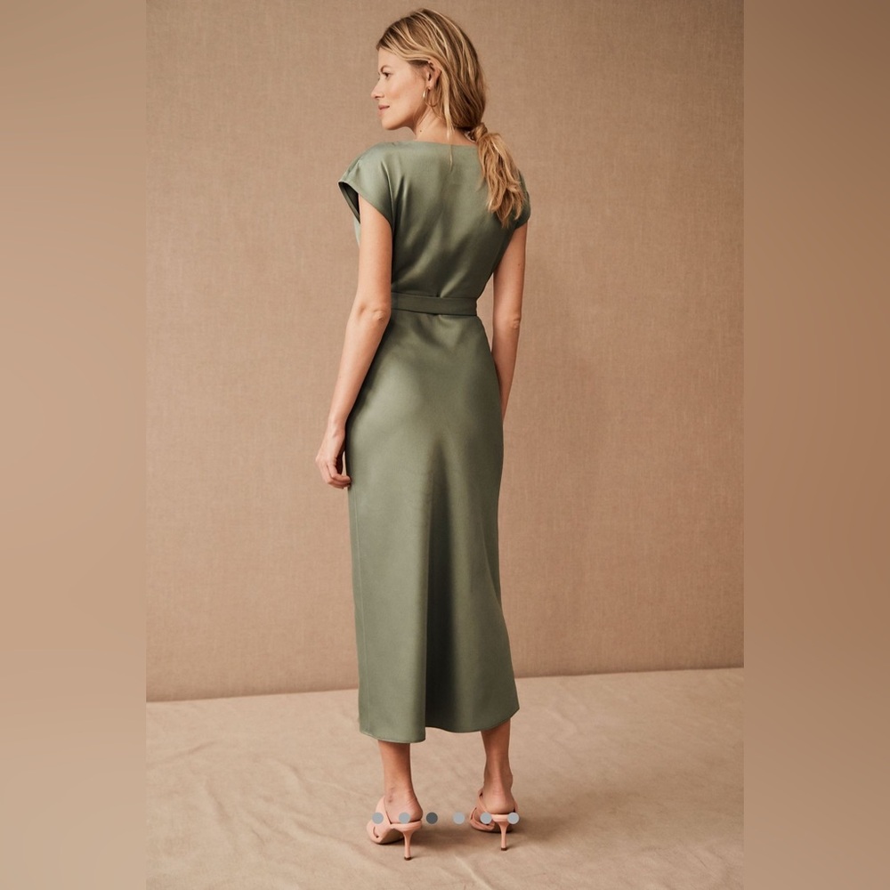 BHLDN Olive Green Satin Wrap Midi Dress - Picture 2 of 2